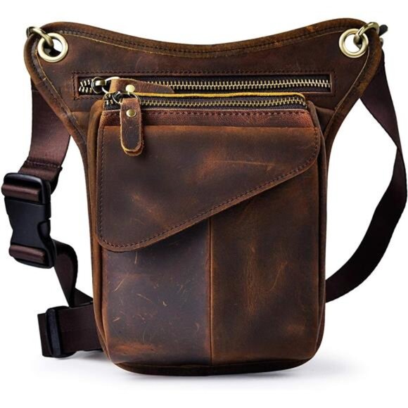 Mens Genuine Leather Messenger Hiking Waist Hip Bum Pack Drop Leg Bag - Picture 1 of 8